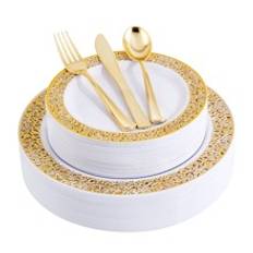 White And Gold Plastic Plate  Cutlery Set  Pieces - white and gold - 7.48 inches, 7.9 inches, 6.93 inches