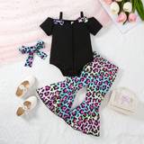 SHEIN Gradient Leopard Print Knitted Sweater Top With Slim Flare Pants For Infant Girls, Street Fashion With Adorable Style, Suitable For 2 Years Old, Inclu