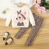 SHEIN Young Girl 2pcs Toddler Girl Childlike Animal Pattern Leopard Grain Top/ Pant Set
