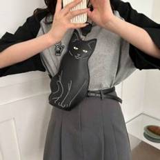 pc Grey Irregular Shaped Crossbody Bag Cute Vintage Little Black Cat Printed Shoulder Bag Simple Animal Purse Suitable For Shopping And Gathering - Grey - one-size
