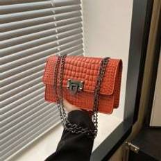 A Vintage Fashion Print Mini Square Bag Hardware Lock Closure Flap Opening Metal Chain Minimalist Shoulder Bag Suitable For Womens Daily Use - Orange
