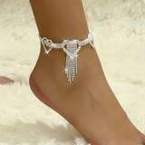 Bling Bling Long Tassel Hollow Love Heart Claw Chain Anklet Inlaid Shiny Rhinestone Foot Jewelry Decoration