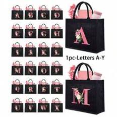 PC Black Linen Handbag Tote Bag Pink Flower Initial AY Print Design Simple And Elegant Personalized Bridesmaid Wedding Gift Bag Makeup Bag Travel Easy - Black - Letter-a(1 Piece),Letter-b(1 Piece),Letter-c(1 Piece),Letter-d(1 Piece),Letter-e(1 Piece),Letter-f(1