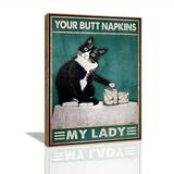 SHEIN 1 PC Black Cat Wall Art Painting, "Your Napkin My Lady" Suitable For Cafe Bar, Fun Home Vintage Wall Canvas Art