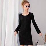 Teen Girls Solid Color Ribbed Knitted Sweater Dress - Black - 14Y,13Y,16Y,15Y