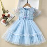 Young Girl Butterfly Appliques Guipure Lace Panel Party Dress - Baby Blue - 6Y,7Y,4Y,5Y
