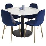 EstelleØ106WHBL spisebordssæt spisebord hvid, marmor og 4 Polar stole velour blå, messing dekor.