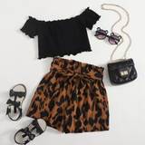SHEIN Tween Girl Lettuce Trim Rib-Knit Bardot Top & Paperbag Waist Belted Shorts Set