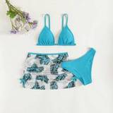 Teenage Girls Plant Printed Swimsuit With Thin Straps pcsSet - Baby Blue - 140,150,160,170