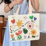pc Cute Street Style Canvas Tote Bag For Women  Portable And Spacious Shopping Handbag Canvas Tote Bags For College Back To SchoolTeachers Gift Ideal  - Beige