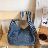 Campus Style High Capacity Denim Bag Fashionable And Versatile For Womens Daily Outing Traveling Holiday And Streetwear - Blue