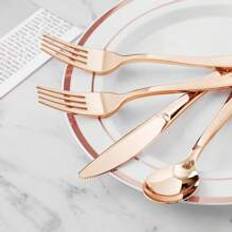 pcs Rose Gold Cake Salad SpoonsForksKnivesWashable Reusable Cutlery Great For Parties Team Building Outdoor Activities Home Parties Weddings Holidays  - Rose Gold - 25 Spoons + 25 Forks + 25 Knives,10 Pieces Knife,75-piece Rose Gold Cutlery Set - 25 Forks, 25 Knive