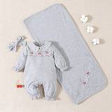 SHEIN Infant Girls' Simple Light Grey Cherry Embroidered Long Sleeve Long Jumpsuit With Shawl, Casual Homewear 2pcs Set