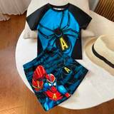 SHEIN 2pcs Young Boys' Street Style Spider Print Round Neck Short Raglan Sleeve Top & Superman Pattern Shorts Set