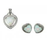 Hjerte - Smykkesæt med hvid opal sten, 925 Sterling sølv og rhodium belægning