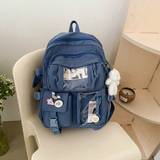 SHEIN Two Tone Classic Backpack Letter Patch,Kawaii School Style: Cute Nylon Backpack With Pins & Accessor