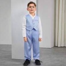 pcsSet Young Boy Gentleman Suit Long Sleeve Blue Satin Vest And Pants For Birthday Party Wedding Christening Anniversary - Blue - 6Y,7Y,4Y,5Y