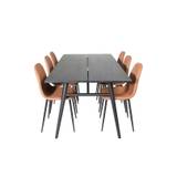 Sleek spisebordssæt spisebord udtræksbord længde cm 195 / 280 sort og 6 Polar stole PU kunstlæder brun.