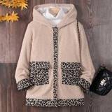 SHEIN Tween Girl Leopard Pattern Dual Pocket Hooded Teddy Coat Without Sweater