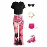 SHEIN Teen Girl Crop Top And Character Printed Bell-Bottom Pants Two Pieces Set