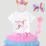 SHEIN Young Girls' Unicorn Birthday T-Shirt, Multicolor Cake Tutu Skirt Party Outfit Set With Headband, Hair Clip & Satin Ribbon