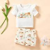 SHEIN Newborn Baby Girl Flower & Animal Pattern Round Neck Ruffle Hem Top And Shorts 2pcs Outfit