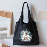 SHEIN A Black Fashion Canvas Tote Bag With Cute Dog Drinking Coconut Juice And Summer Letter Print Design. It Is A Reusable Travel And Everyday Carry Backpa