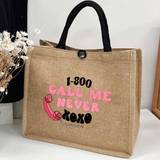 PC Yellow Linen Handbag With Pink Letter Print Design Simple And Elegant Personalized Bridesmaid Wedding Gift Bag Makeup Bag Travel Easy Storage Bag S - Khaki - 1pc