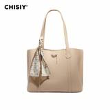 SHEIN CHISIY Original Handmade Solid Color Gold Bean Letter Checkered Scarf Clash Color Apricot Faux Leather Fashion Tote Bag Casual Simple Underarm Bag Ele