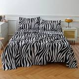 SHEIN 4pcs White Black Zebra Stripe Flower Pattern Sheet Set Easy Care Polyester Microfiber Soft Bedding Set