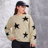 Teen Girls Trendy Loose Fit Star Pattern Drop Shoulder Sweater - Khaki - 14Y,13Y,16Y,15Y