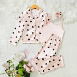 SHEIN 3pcs/Set Tween Girls' Home Wear Set With Light Pink Satin Fabric Heart Printed Pants, Long Sleeve Shirt And Camisole Vest
