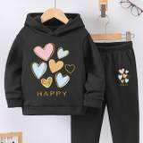 2pcs "happy" & Heart Print Hooded Outfit For Girls, Thermal Lining Hoodie & Pants Set, Kid's Clothes For Fall Winter