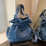 Trendy Ruched Denim Tote Bag, Vintage Bucket Shoulder Bag, Drawstring Crossbody Bag For Women