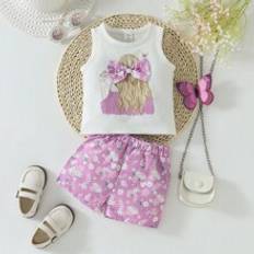 Baby Girls Silhouette Print Vest And Floral Print Shorts Set - Purple - 6-9M,9-12M,12-18M,18-24M,2-3Y