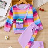 3pcs Girl's Rainbow Color Outfit, Striped Sweatshirt & Ice-cream Crossbody Bag & Sweatpants Set, Casual Long Sleeve Top, Kid's Clothes For Spring Fall Winter