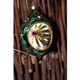 Julekugle 10 cm, Oval Grøn med spejl og dekoreret med ornament