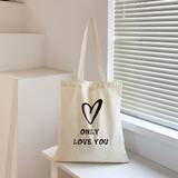 pc Stylish Beige Canvas Tote Bag For Women With Letter  Only Love Heart Print Convenient Shopping Bag For Going Out - Beige
