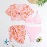 Teenage Girl Floral Printed Short Sleeve Swimsuit pcs Set - Baby Pink - 8-9Y,10-11Y,12-13Y,14Y
