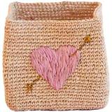 Rice Raffia Basket - Square - Natur with Pink Heart Embroidery - 12 cm