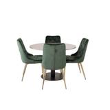 RazziaGR spisebordssæt spisebord terazzo grå og 4 Velvet Deluxe stole velour grøn, messing dekor.