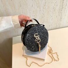 Fashion Sequin Chain Handbag With Tassel Pendant Small Round Crossbody Bag For Women - Black