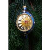 Julekugle 10 cm, Oval Blå med spejl og dekoreret med ornament