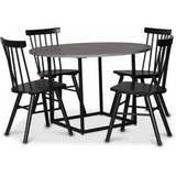 Sintorp spisebordssæt, rundt spisebord Ø115 cm inkl. 4 stk. Orust sorte pindestole - Beton (Laminat) + Møbelfødder