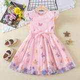 Young Girl Butterfly Print Mesh Overlay Belted Party Dress - Baby Pink - 6Y,7Y,4Y,5Y,3-4Y