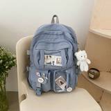 SHEIN Two Tone Classic Backpack Letter Patch,Kawaii School Style: Cute Nylon Backpack With Pins & Accessor