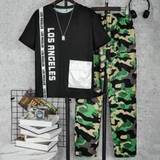 SHEIN 2pcs/Set Teen Boys' Round Neck Short Sleeve Letter Printed Cargo Pocket Top And Camouflage Pants Summer Outfits