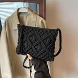 Simple Woven Crossbody Bag, Aesthetic Tassel Square Purse, Bohemian Shoulder Bag For Women