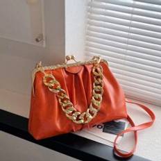 Fashionable Shiny Vintage Soft Leather Lightweight HighCapacity Chain Clip Bag Womens Versatile One Shoulder Crossbody Bag - Orange
