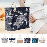 pc Large Capacity Multifunctional Shoulder Tote With Linen Printing For Women Travel Camping Beach Trip Shopping Foldable And Easy To Carry - Navy Blue